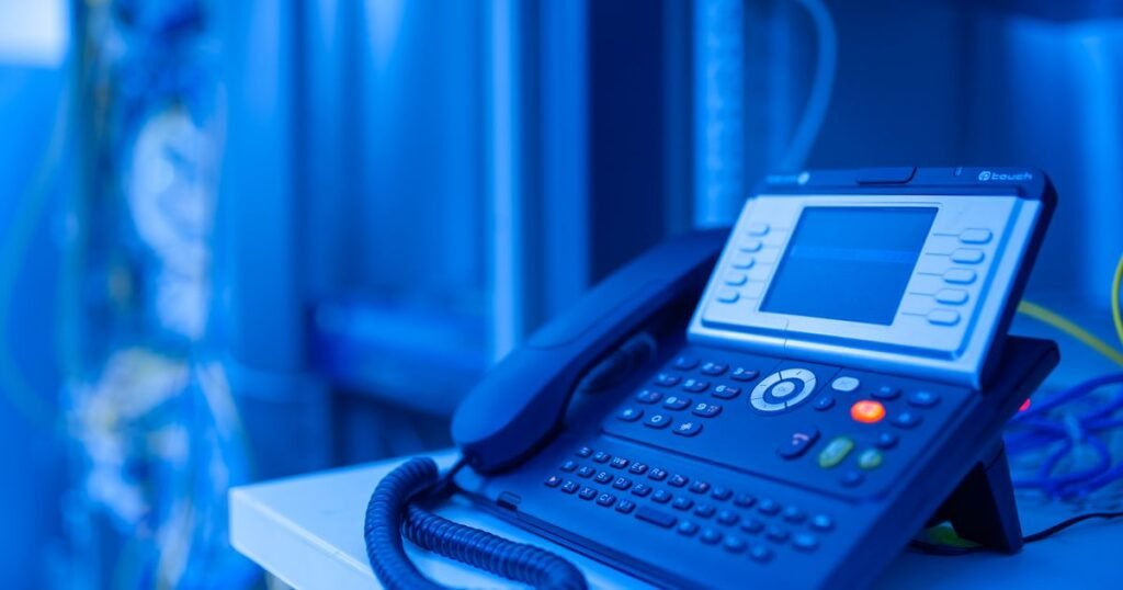 Téléphone IP d'entreprise dans une salle télécom aux tons bleus, illustrant la migration des autocommutateurs RNIS vers la voix sur IP avant la fin du cuivre