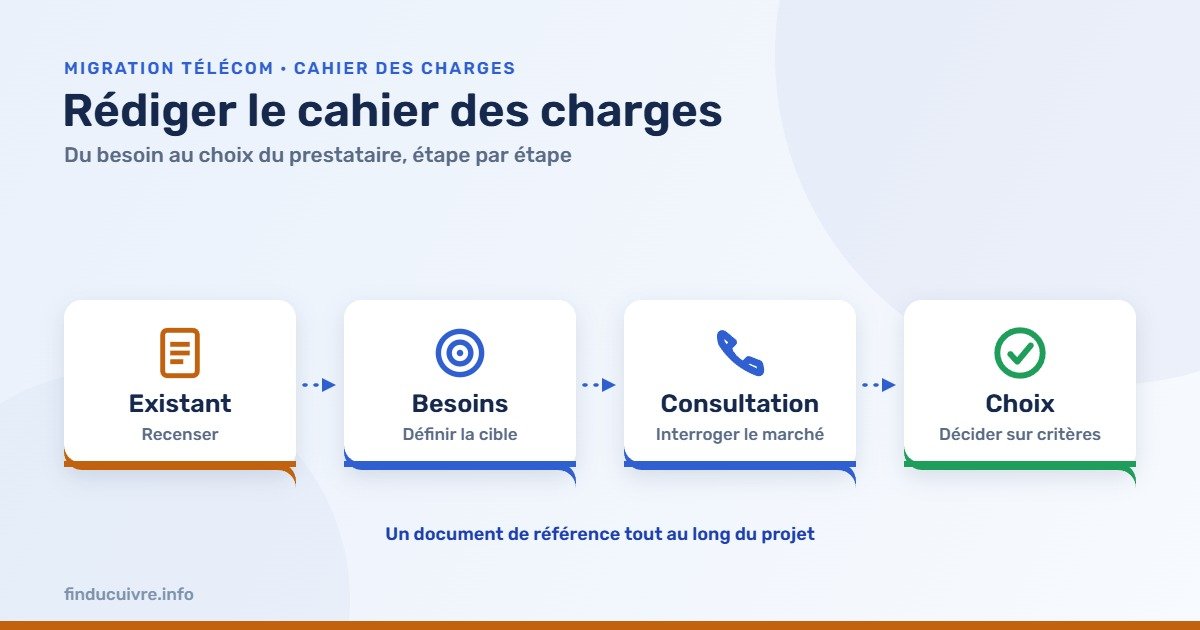 Infographie — Rédiger le cahier des charges d'une migration télécom : du besoin au choix du prestataire