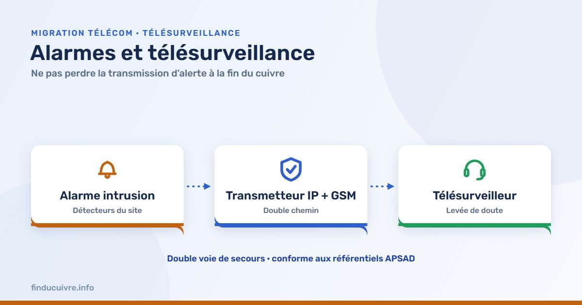 Infographie — Alarmes : transmetteur double voie IP + GSM vers le télésurveilleur, conforme APSAD
