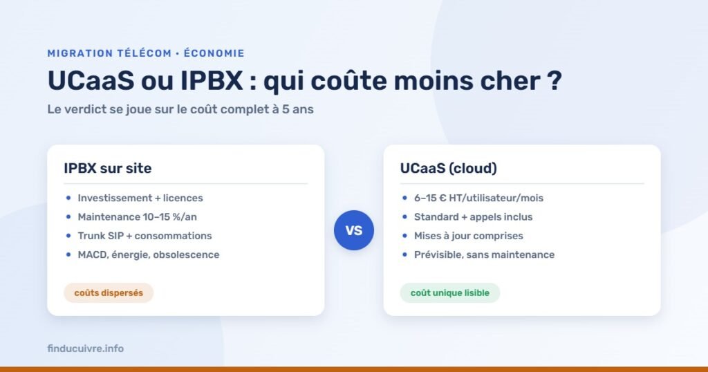 Infographie — UCaaS ou IPBX : comparatif des coûts complets sur 5 ans, coûts dispersés contre coût unique lisible
