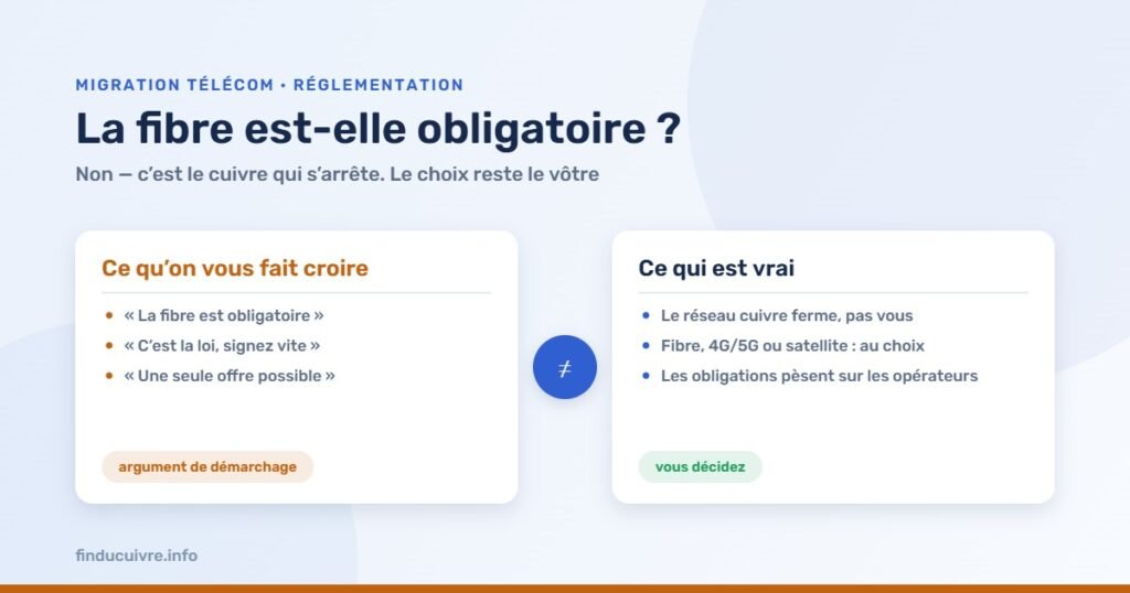 Infographie — La fibre est-elle obligatoire ? Ce qu'on vous fait croire face à ce qui est vrai : le cuivre s'arrête, vous choisissez