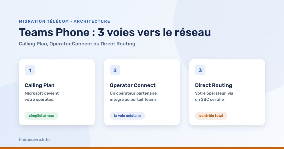 Infographie — Teams Phone : Calling Plan, Operator Connect ou Direct Routing, trois voies vers le réseau téléphonique