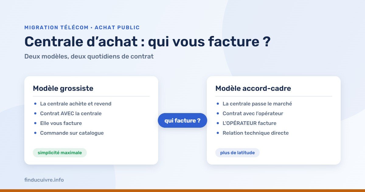 Infographie — Centrale d'achat : modèle grossiste qui facture, ou accord-cadre où l'opérateur facture