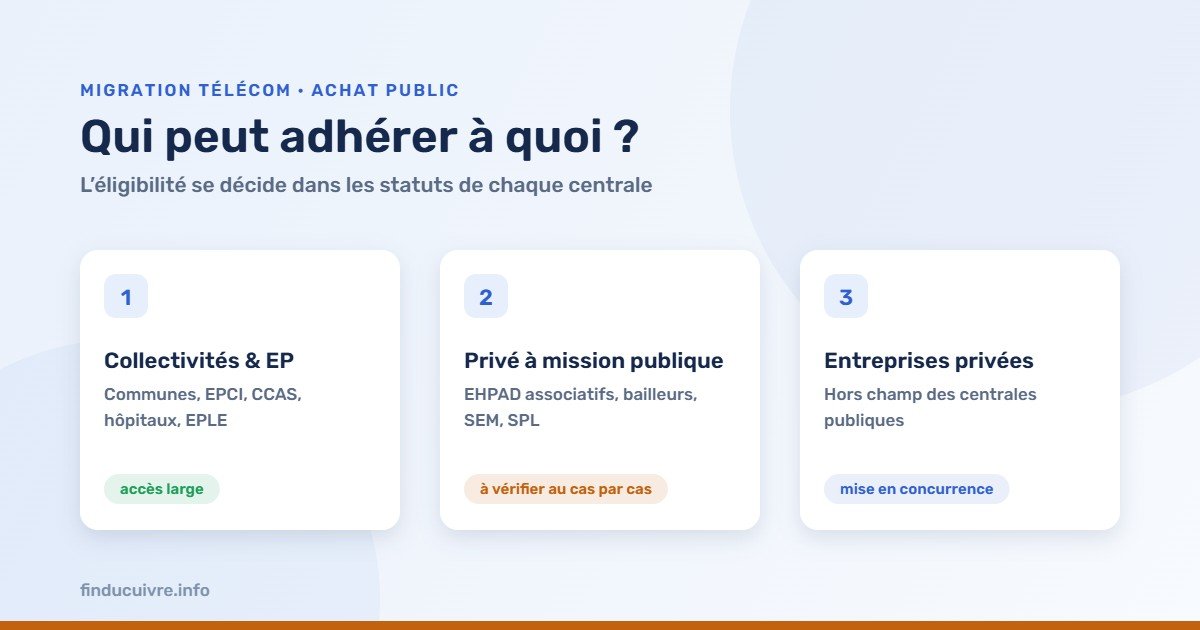 Infographie — Qui peut adhérer à une centrale d'achat : collectivités, structures privées à mission publique, entreprises