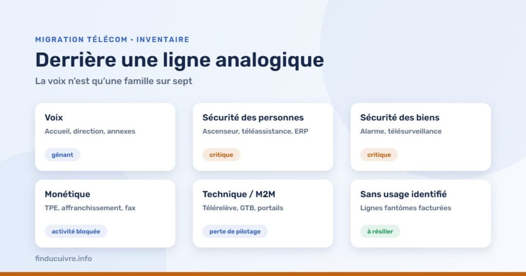 Infographie — Les familles d'usages derrière une ligne analogique : voix, sécurité, monétique, technique, lignes sans usage