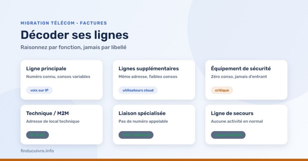 Infographie — Décoder ses lignes analogiques : les six familles fonctionnelles et leur remplacement