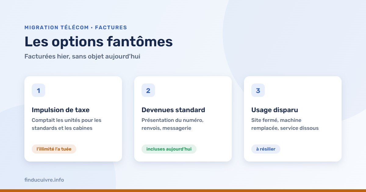 Infographie — Les options fantômes : impulsion de taxe, options devenues standard, usages disparus