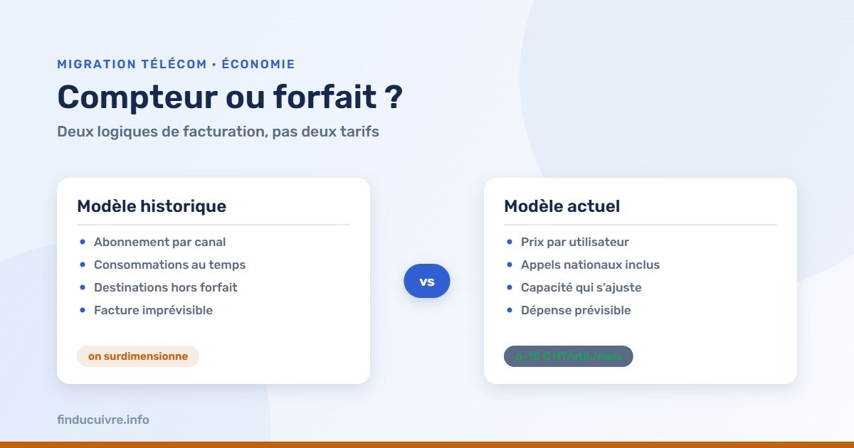 Infographie — Compteur ou forfait : facturation historique par canal contre prix par utilisateur