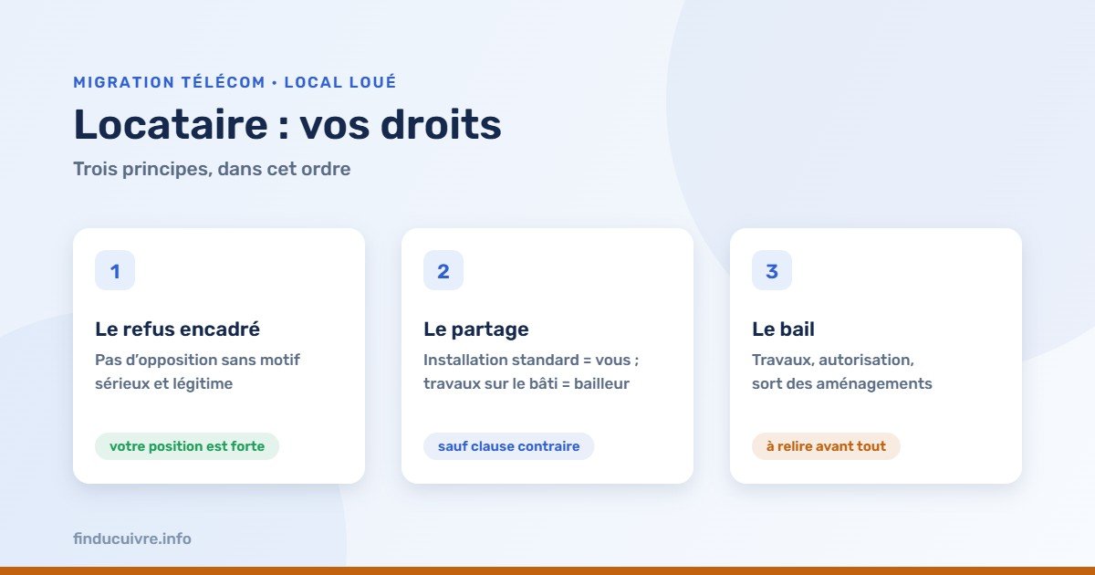 Infographie — Locataire d'un local commercial : refus encadré, partage des travaux, clauses du bail