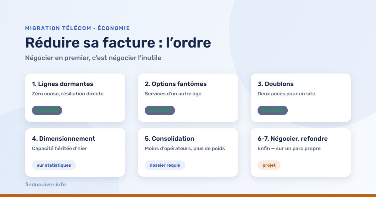 Infographie — Réduire sa facture télécom : les sept leviers classés par rentabilité