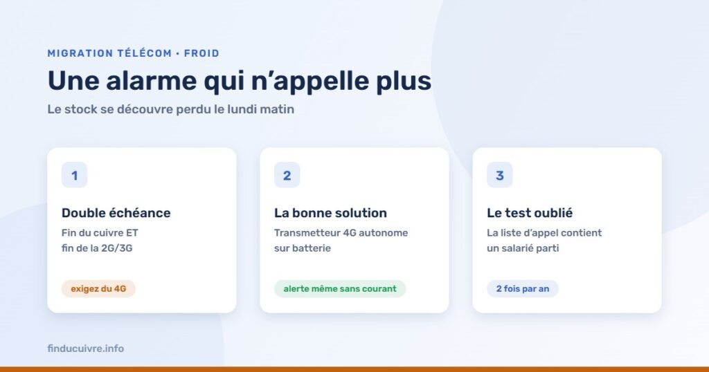 Infographie — Alarme de chambre froide : double échéance, transmetteur 4G autonome, test de la liste d'appel