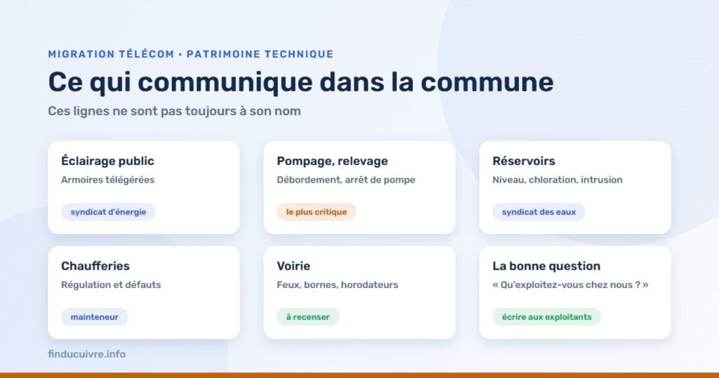 Infographie — Le patrimoine technique communal qui communique : éclairage, pompage, réservoirs, chaufferies