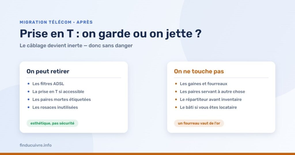 Infographie — Prise en T et câblage : ce qu'on peut retirer et ce qu'il ne faut pas toucher