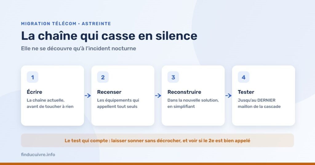 Infographie — Chaîne d'astreinte : écrire, recenser, reconstruire, tester jusqu'au dernier maillon