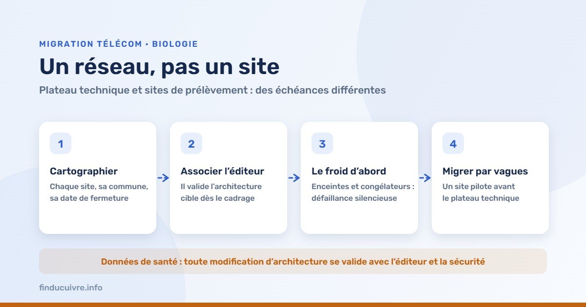 Infographie — Laboratoires d'analyses : cartographier, associer l'éditeur, traiter le froid, migrer par vagues