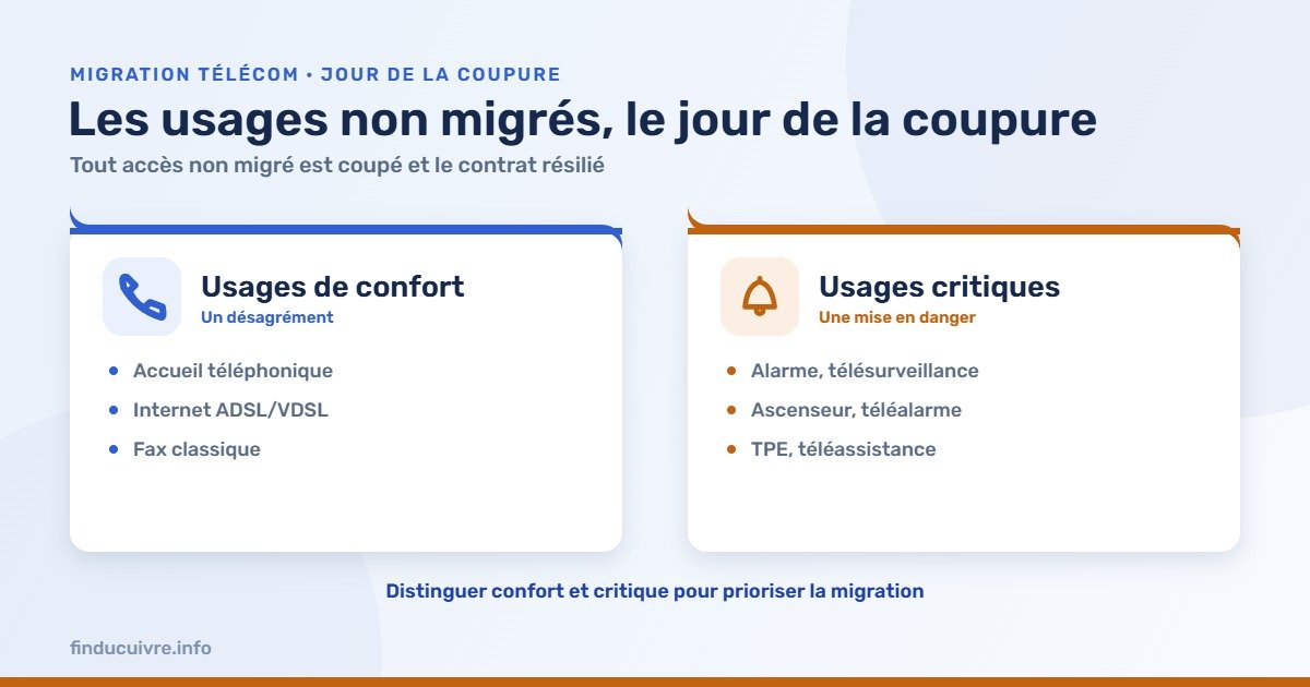 Infographie — Le jour de la coupure : usages de confort (désagrément) et usages critiques (danger)