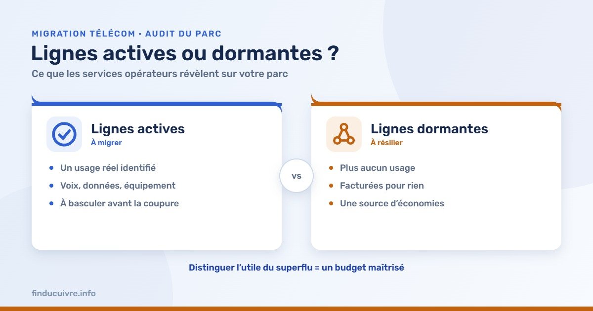 Infographie — Lignes actives à migrer contre lignes dormantes à résilier : auditer son parc