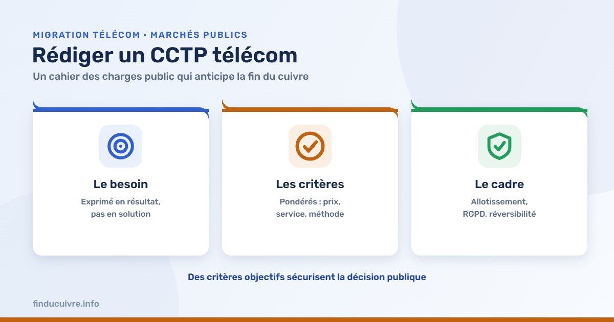 Infographie — Rédiger un CCTP télécom : besoin, critères pondérés, cadre conforme des marchés publics