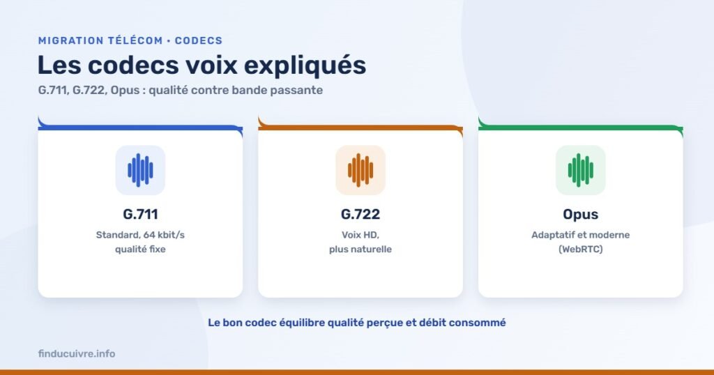 Infographie — Codecs voix (G.711, G.722, Opus) : pourquoi cela compte pour la qualité