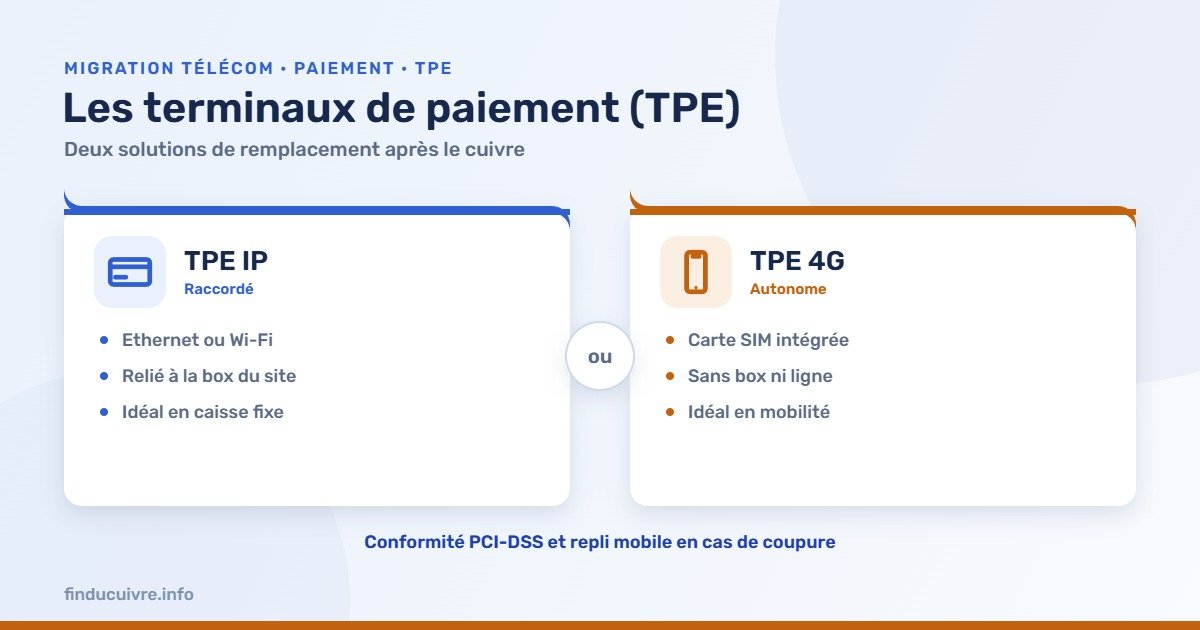 Infographie — Terminaux de paiement après le cuivre : TPE IP raccordé ou TPE 4G autonome