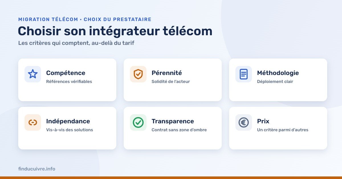 Infographie — Choisir son intégrateur télécom : compétence, pérennité, méthodologie, indépendance, transparence, prix