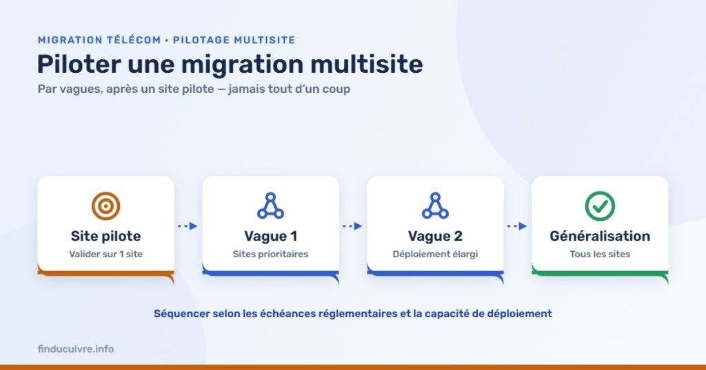 Infographie — Piloter une migration télécom multisite : méthode et étapes