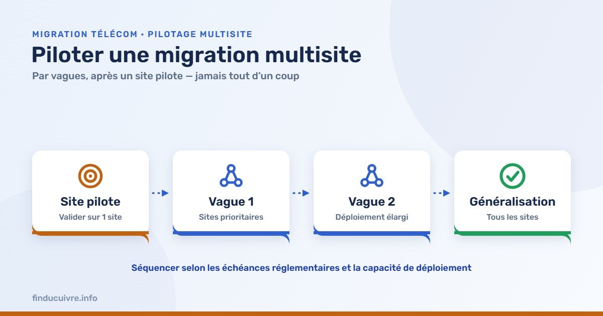 Infographie — Piloter une migration télécom multisite par vagues, après un site pilote